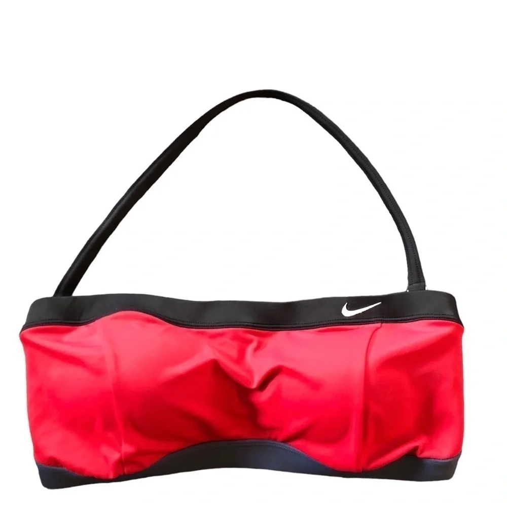 Nike Swim Bandeau Top Sz. 10 Built in Bra Red Navy Swoosh Logo Summer Pool Beach